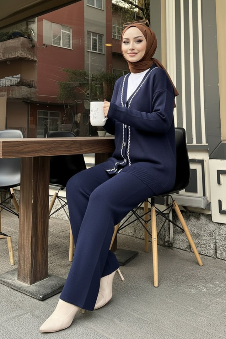 BNG Women Şerit Detaylı Triko Ceket Takım H25302 Lacivert - Gorinchem