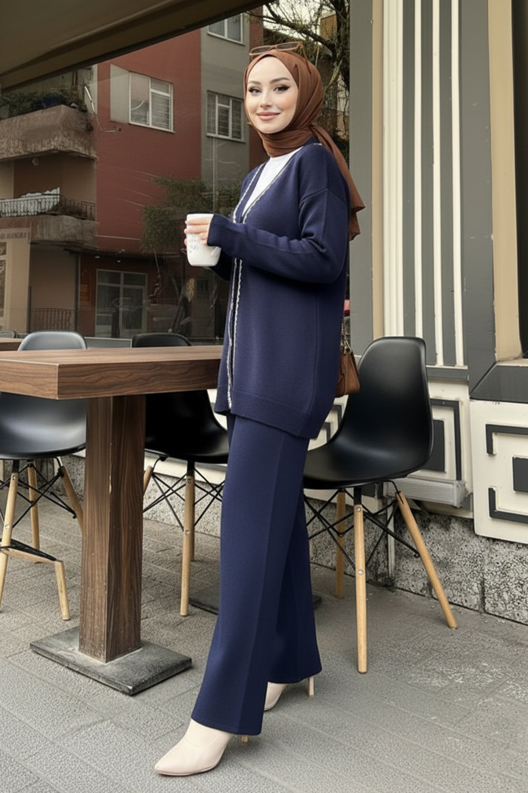 BNG Women Şerit Detaylı Triko Ceket Takım H25302 Lacivert - Gorinchem