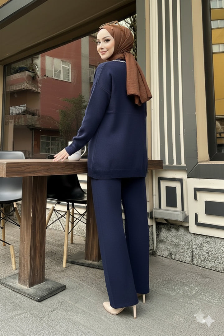 BNG Women Şerit Detaylı Triko Ceket Takım H25302 Lacivert - Gorinchem