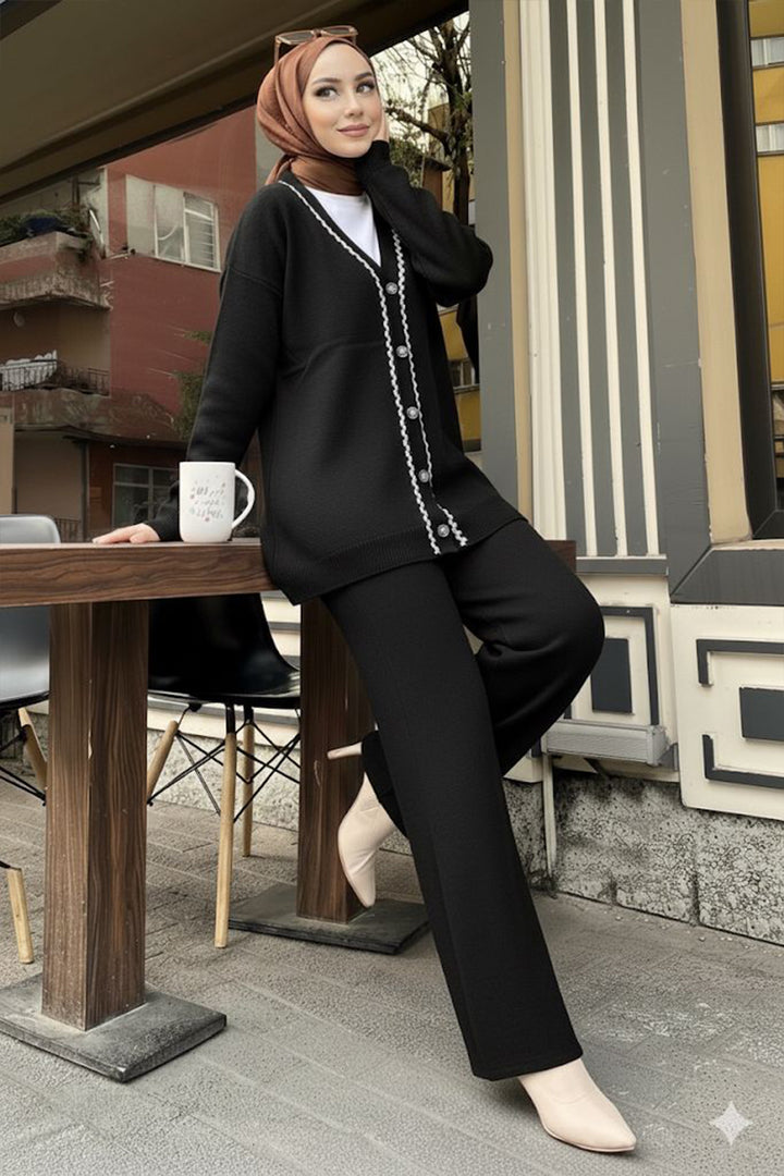 BNG Women Şerit Detaylı Triko Ceket Takım H25302 Siyah - Dallas