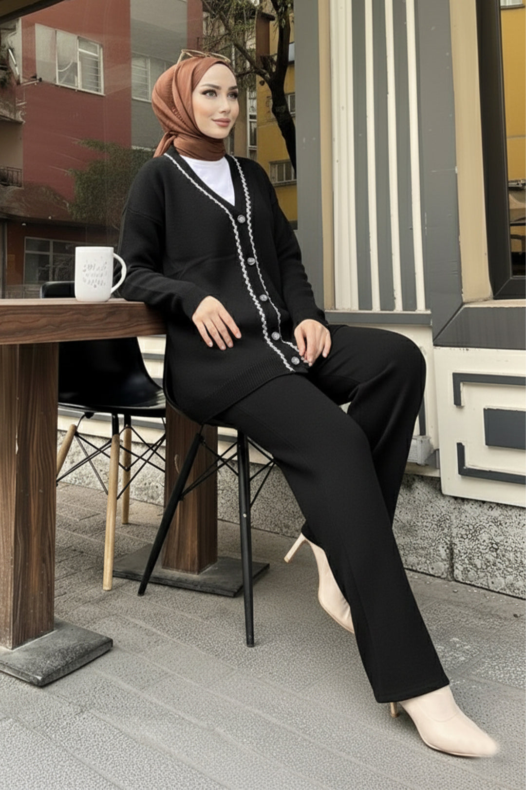 BNG Women Şerit Detaylı Triko Ceket Takım H25302 Siyah - Dallas