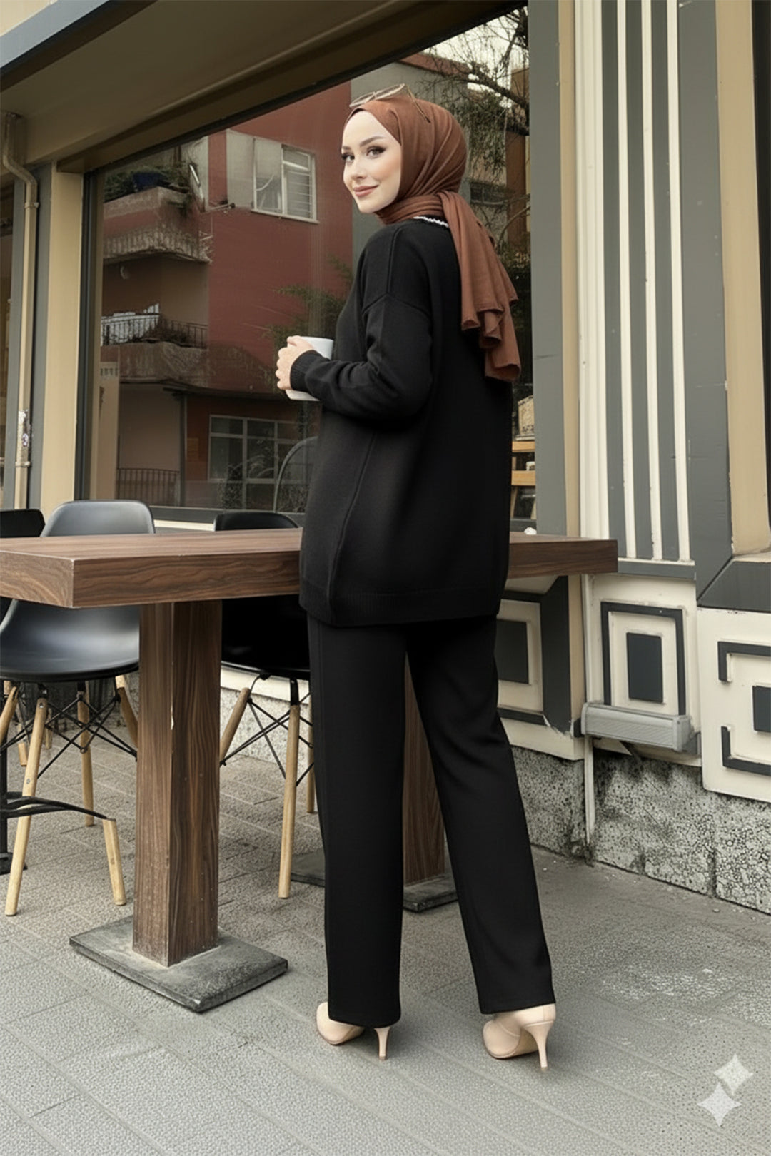 BNG Women Şerit Detaylı Triko Ceket Takım H25302 Siyah - Dallas