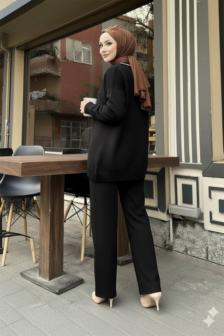 BNG Women Şerit Detaylı Triko Ceket Takım H25302 Siyah - Dallas