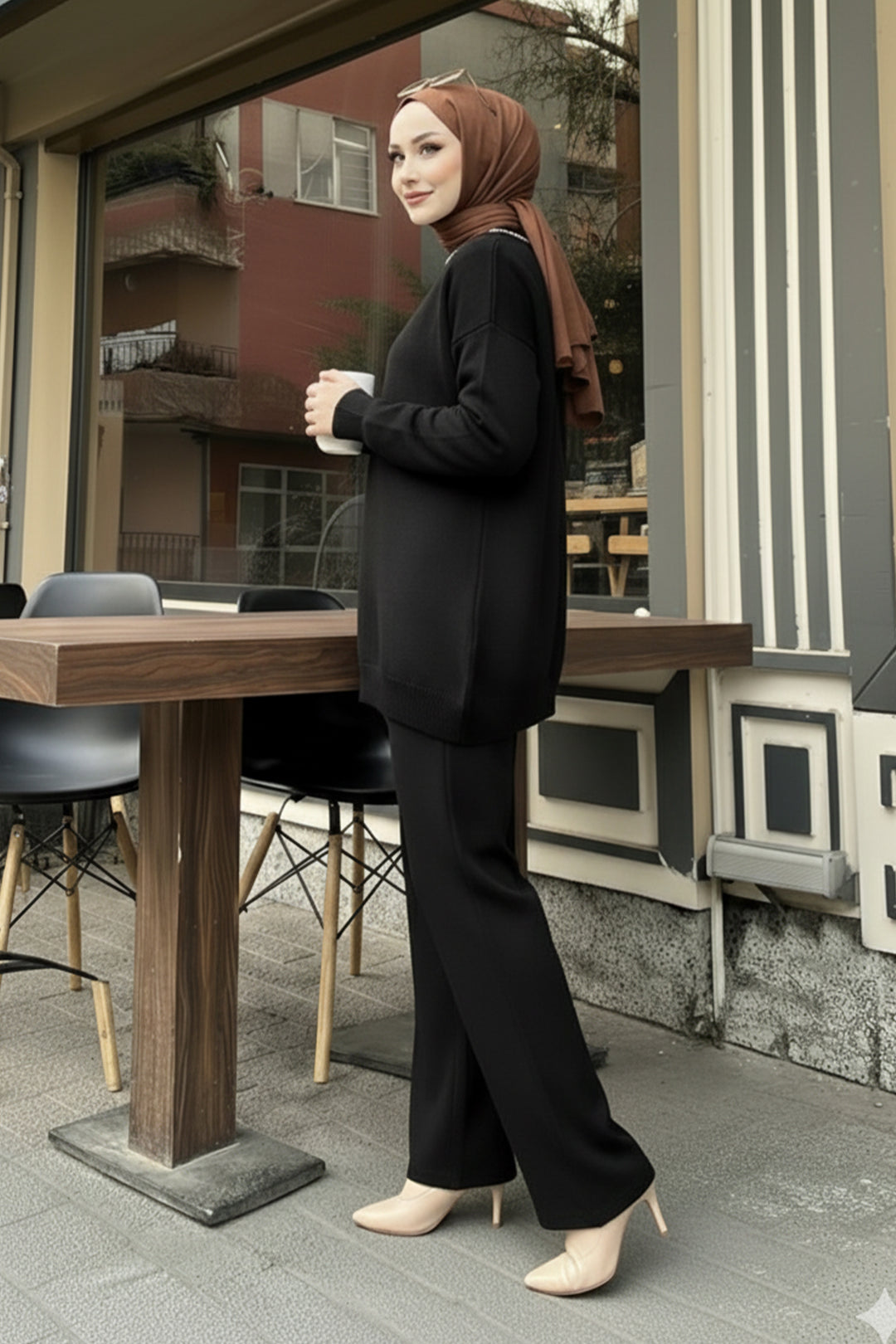 BNG Women Şerit Detaylı Triko Ceket Takım H25302 Siyah - Dallas