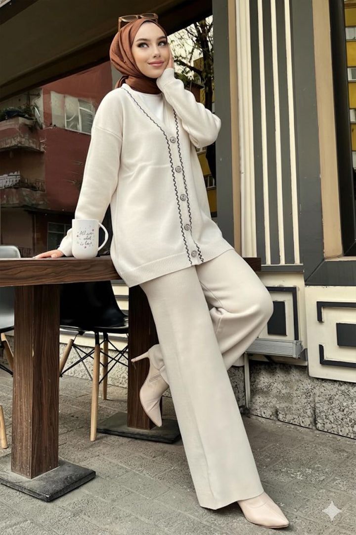 BNG Women Şerit Detaylı Triko Ceket Takım H25302 Taş Rengi - Querétaro