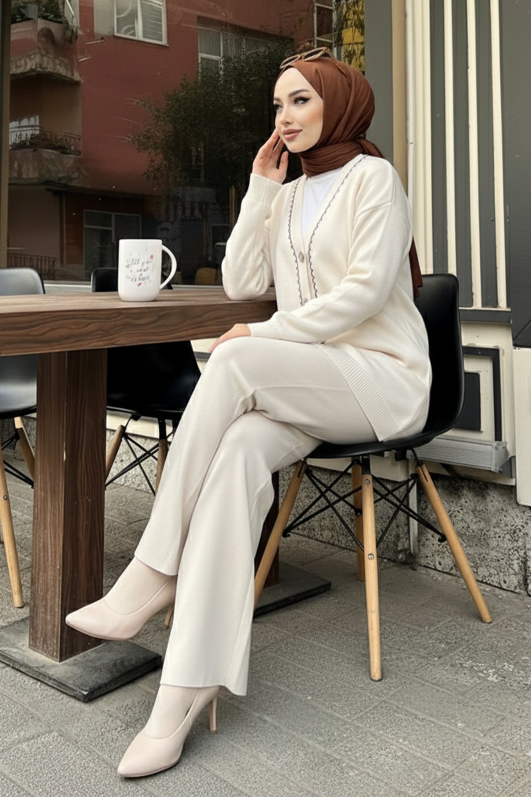 BNG Women Şerit Detaylı Triko Ceket Takım H25302 Taş Rengi - Querétaro