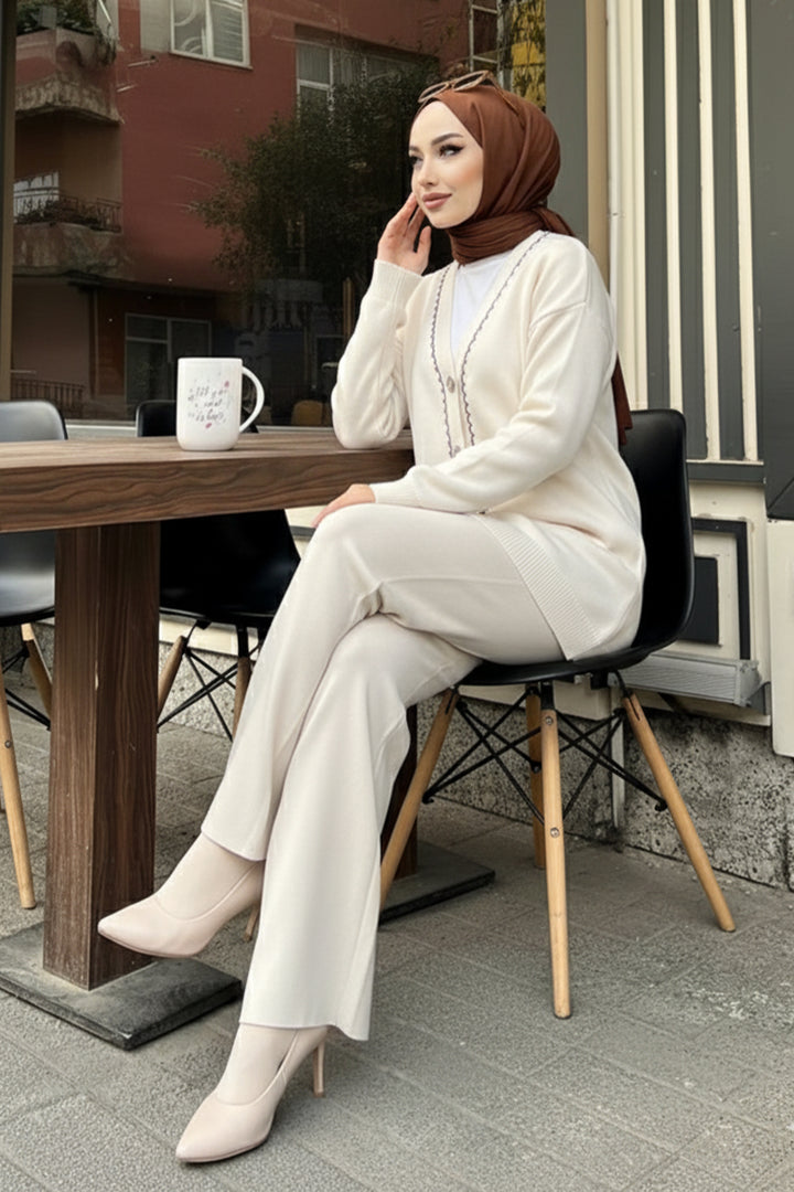 BNG Women Şerit Detaylı Triko Ceket Takım H25302 Taş Rengi - Querétaro