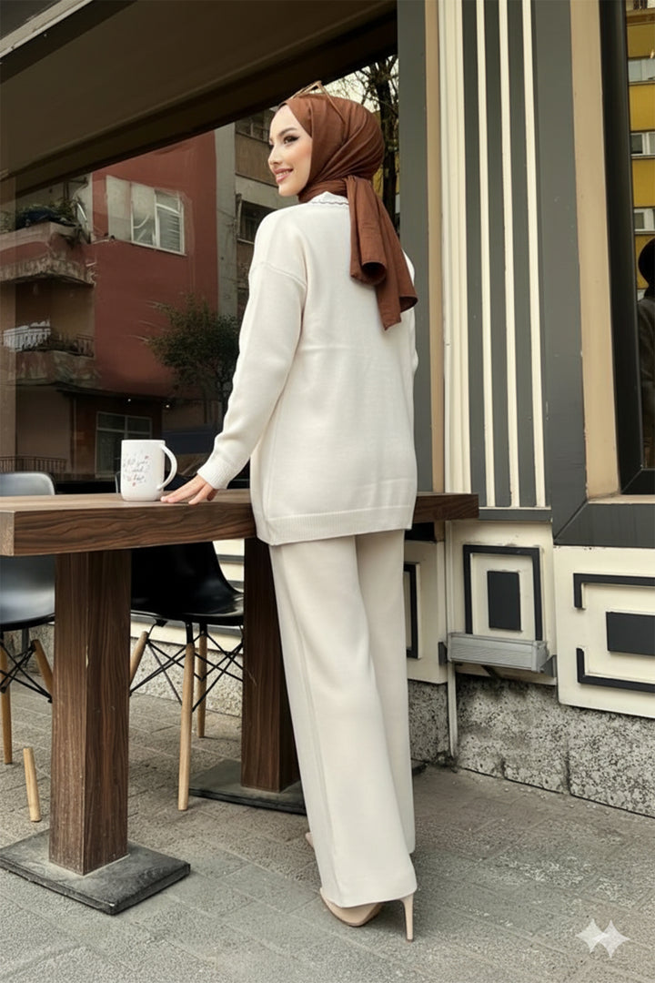 BNG Women Şerit Detaylı Triko Ceket Takım H25302 Taş Rengi - Querétaro