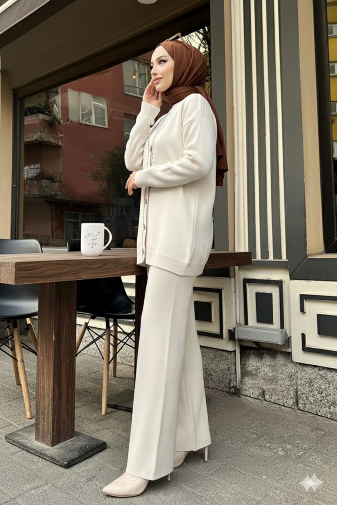 BNG Women Şerit Detaylı Triko Ceket Takım H25302 Taş Rengi - Querétaro