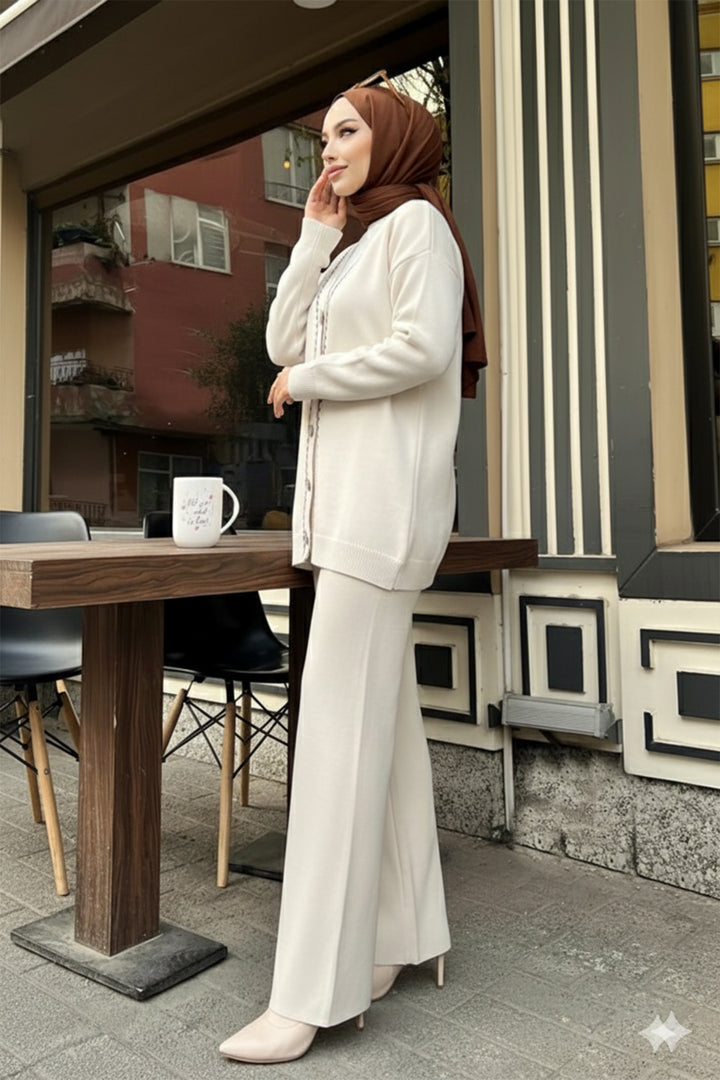 BNG Women Şerit Detaylı Triko Ceket Takım H25302 Taş Rengi - Querétaro