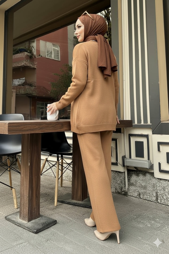 BNG Women Şerit Detaylı Triko Ceket Takım H25302 Vizon - Lárisa