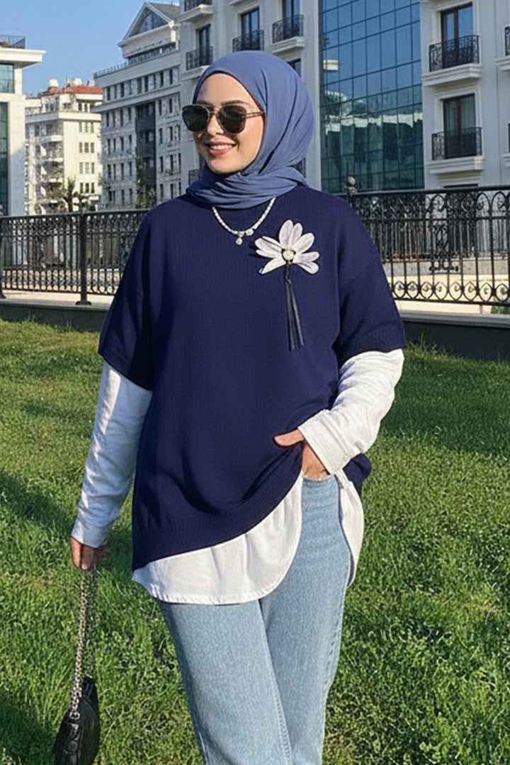 BNG Women Ribbed Oversized Knit Sweater H25304 Navy - Long Beach