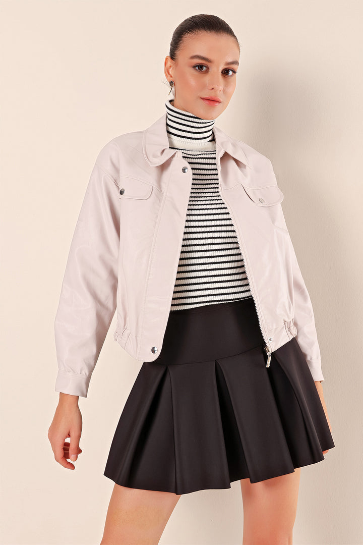 BGD Women Zippered Faux Leather Jacket - Ecru - Avondale
