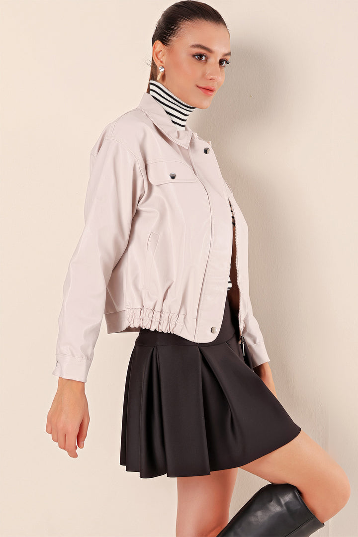 BGD Women Zippered Faux Leather Jacket - Ecru - Avondale