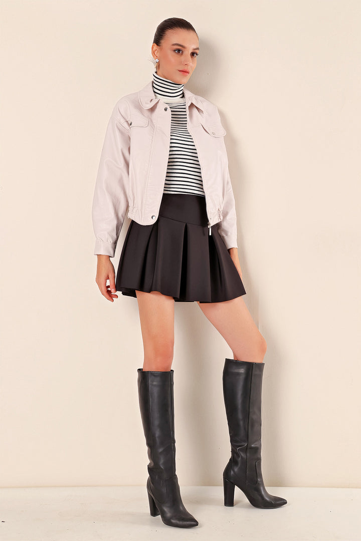 BGD Women Zippered Faux Leather Jacket - Ecru - Avondale