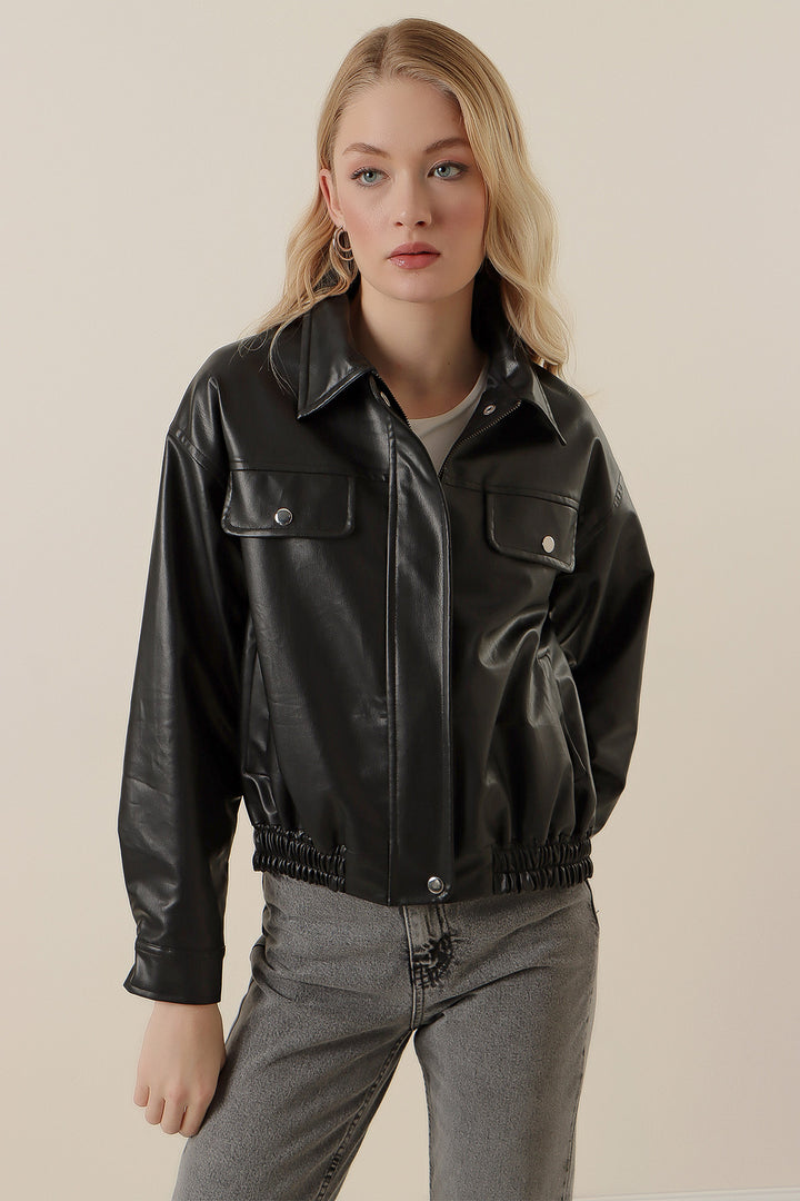 BGD Women Zippered Faux Leather Jacket - Black - Derry