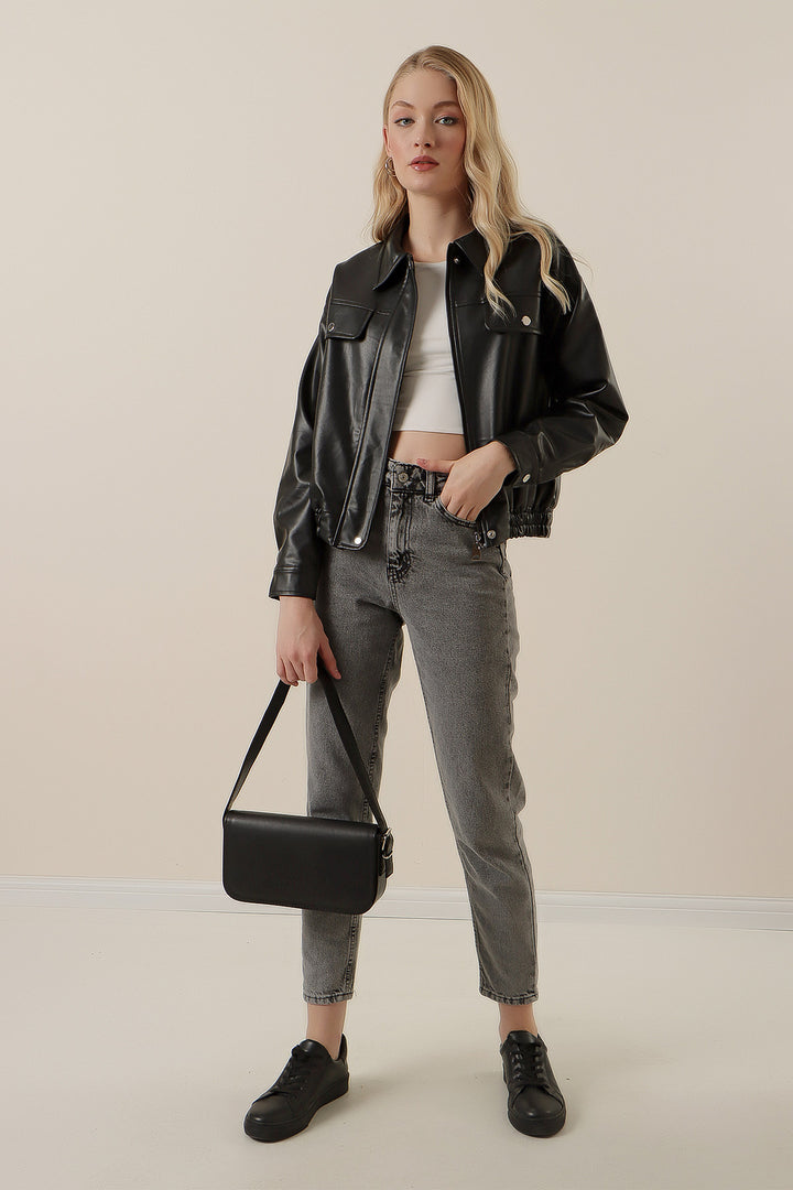BGD Women Zippered Faux Leather Jacket - Black - Derry