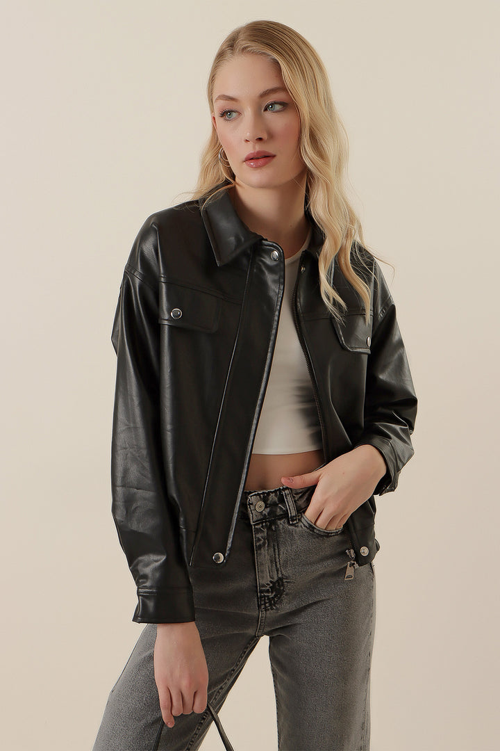 BGD Women Zippered Faux Leather Jacket - Black - Derry