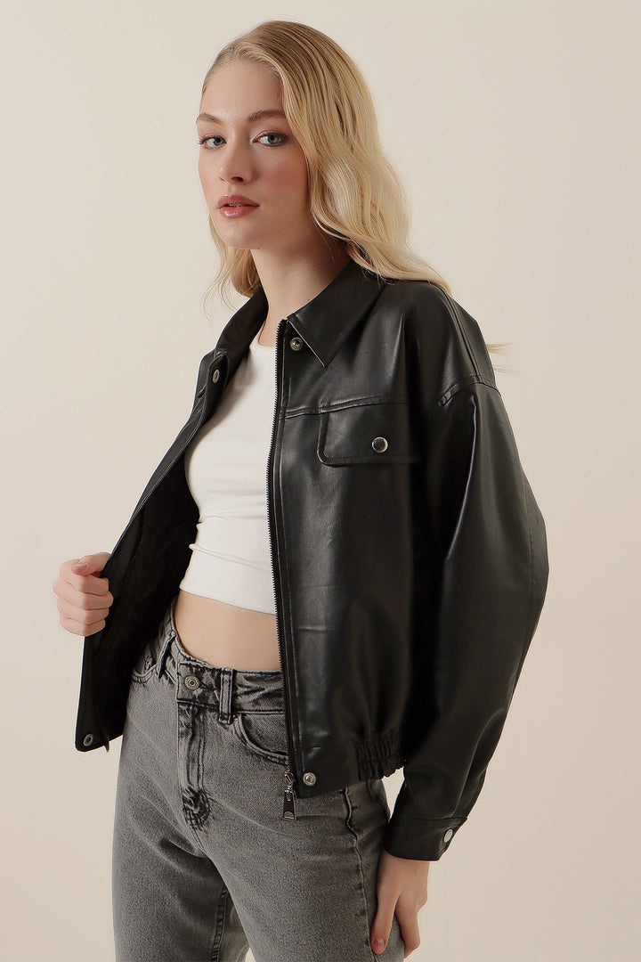 BGD Women Zippered Faux Leather Jacket - Black - Derry