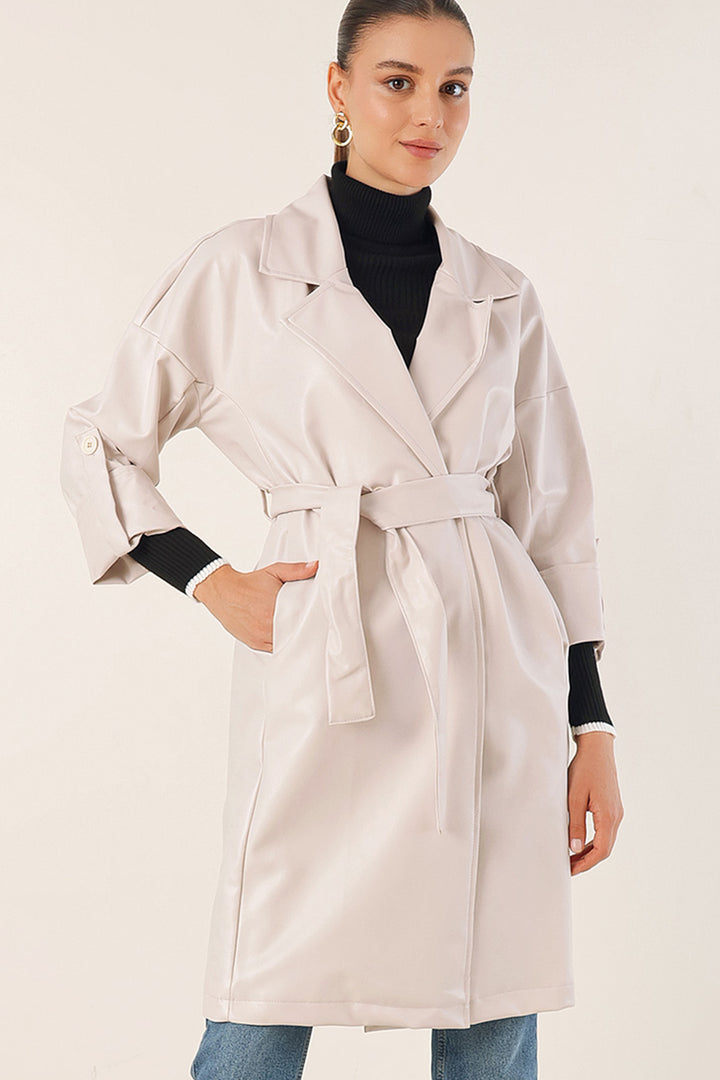 BGD Women Belted Faux Leather Trench Coat - Ecru - Avondale