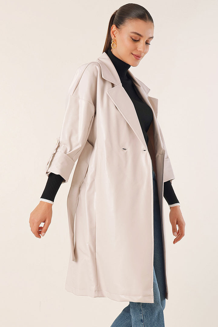 BGD Women Belted Faux Leather Trench Coat - Ecru - Avondale
