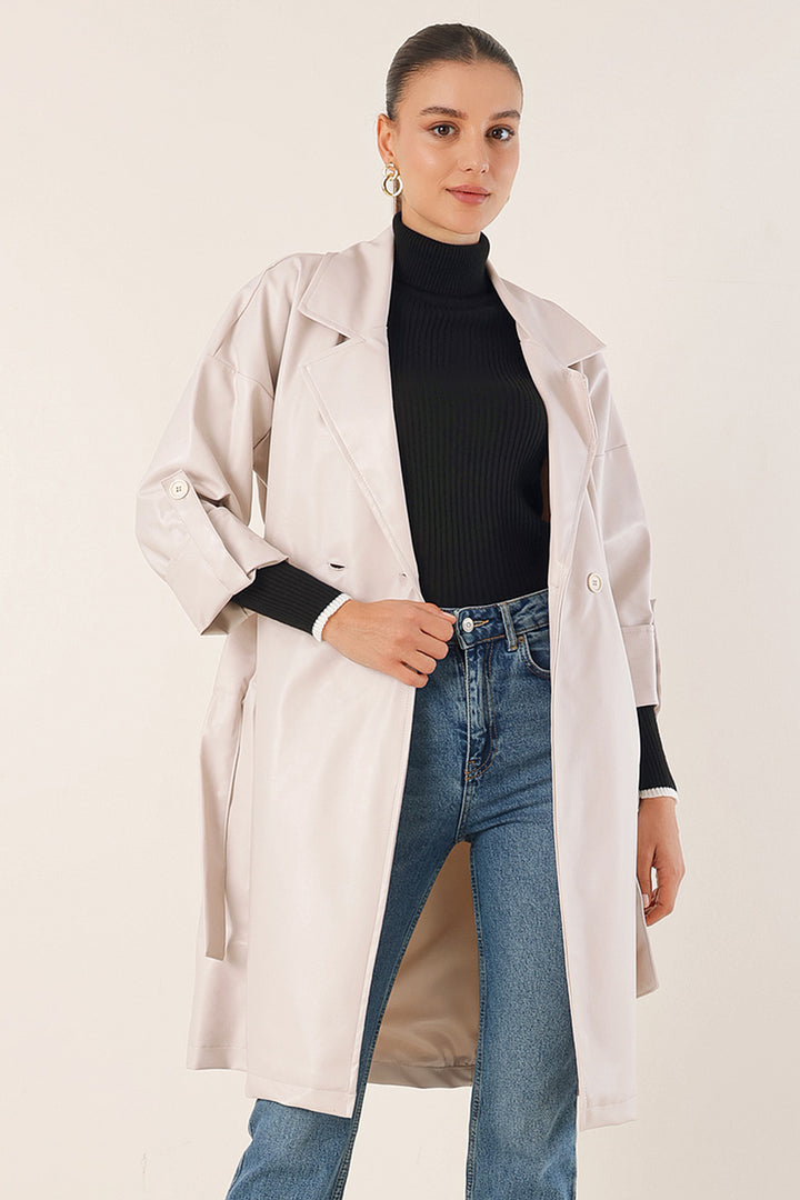 BGD Women Belted Faux Leather Trench Coat - Ecru - Avondale