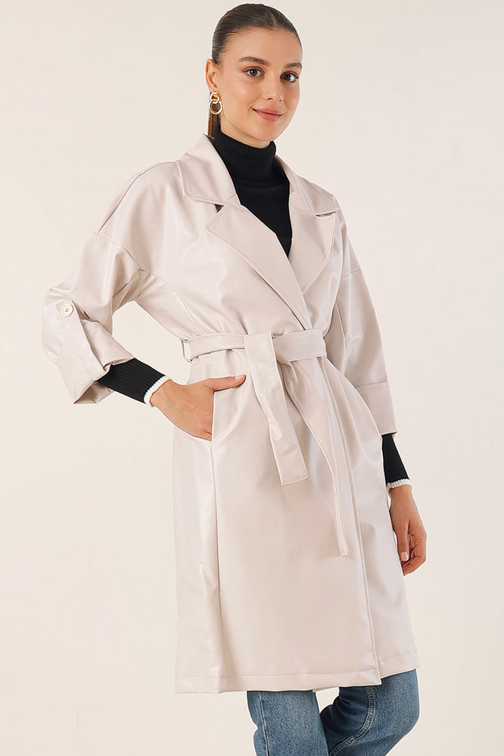 BGD Women Belted Faux Leather Trench Coat - Ecru - Avondale