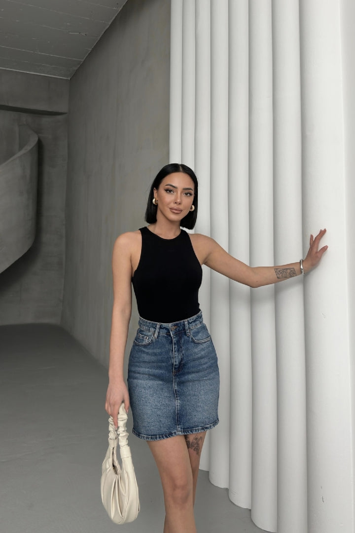 XLJ Short Length Denim Skirt with Stitched Hem Mixed - Manhattan