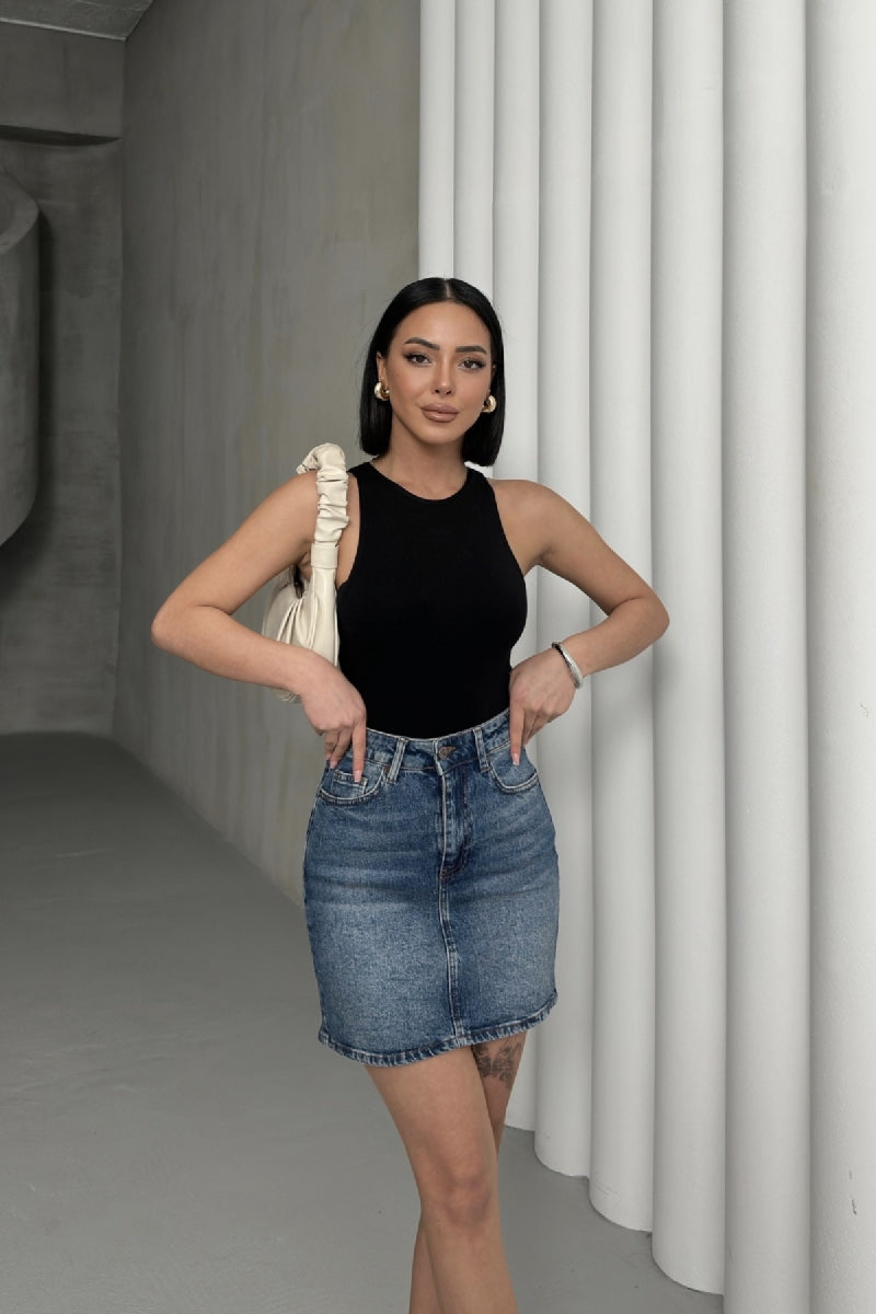 XLJ Short Length Denim Skirt with Stitched Hem Mixed - Manhattan