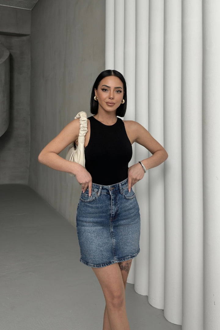 XLJ Short Length Denim Skirt with Stitched Hem Mixed - Manhattan
