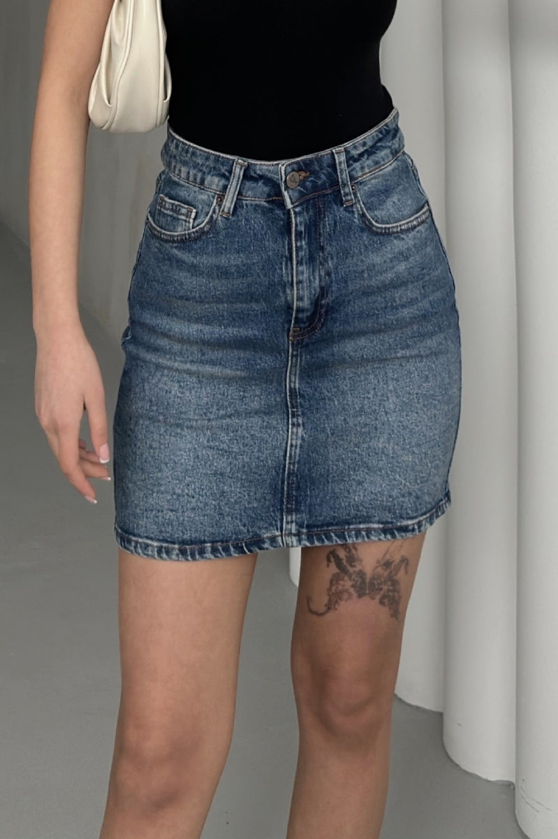 XLJ Short Length Denim Skirt with Stitched Hem Mixed - Manhattan