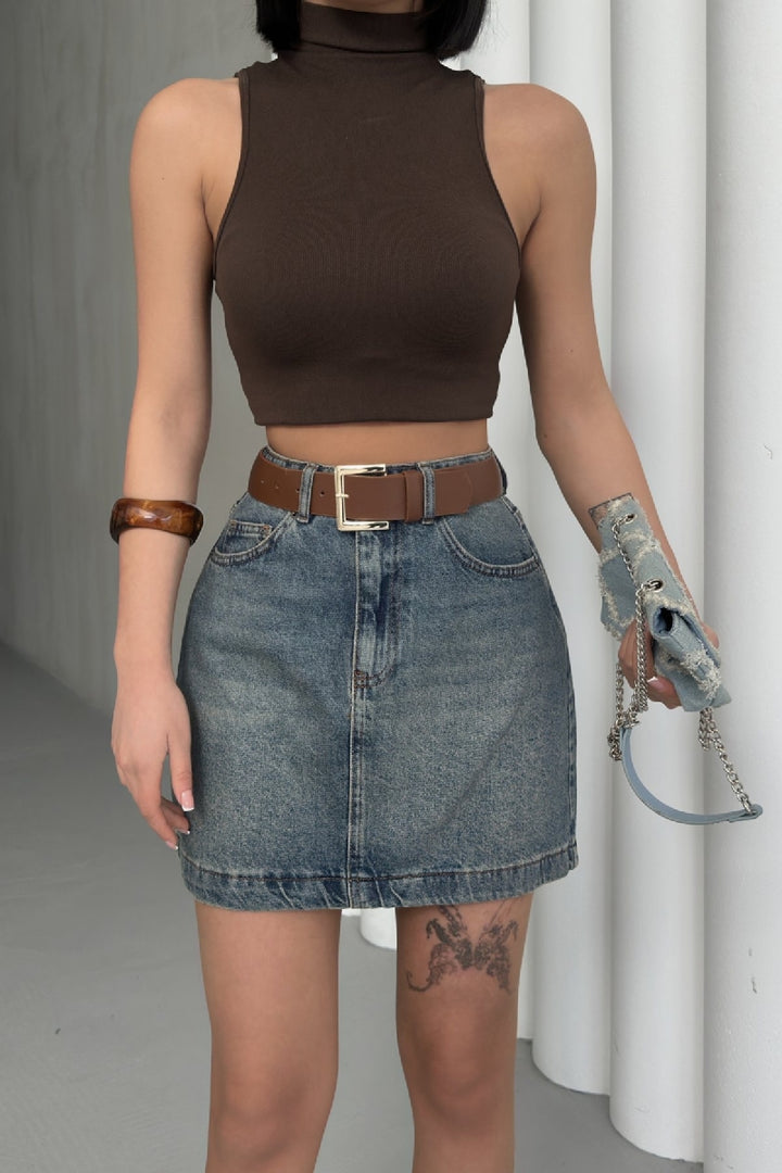 XLJ Short Length Denim Skirt with Stitched Hem Mixed - Tlalixcoyan