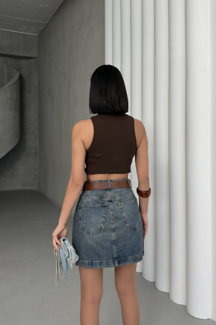XLJ Short Length Denim Skirt with Stitched Hem Mixed - Tlalixcoyan