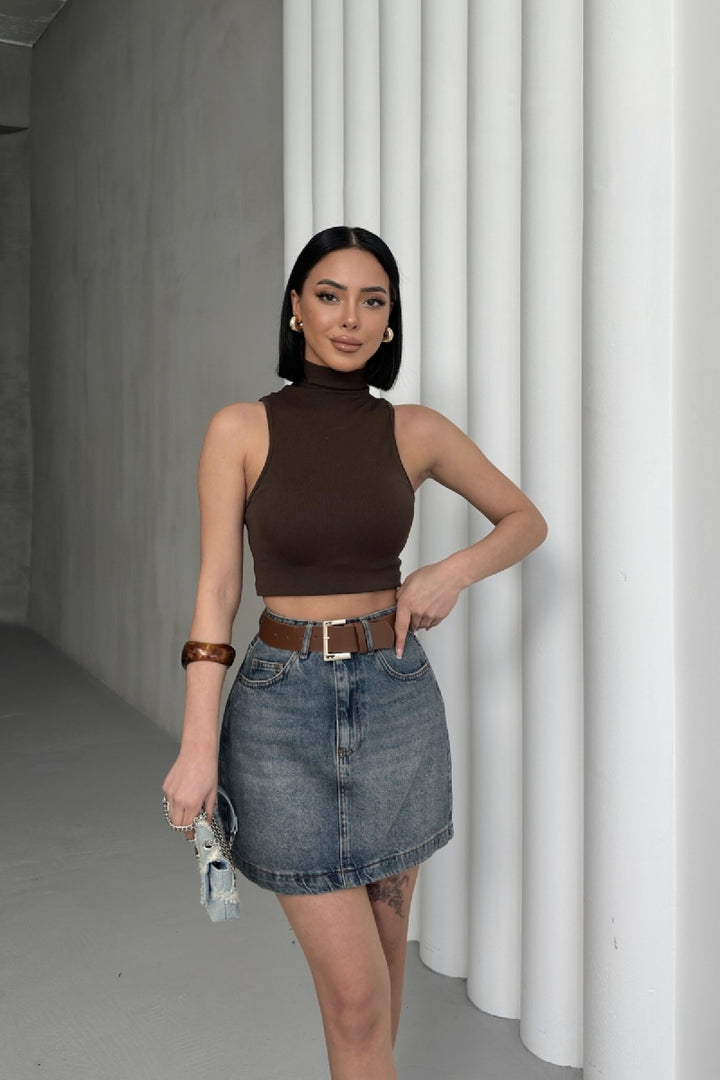 XLJ Short Length Denim Skirt with Stitched Hem Mixed - Tlalixcoyan