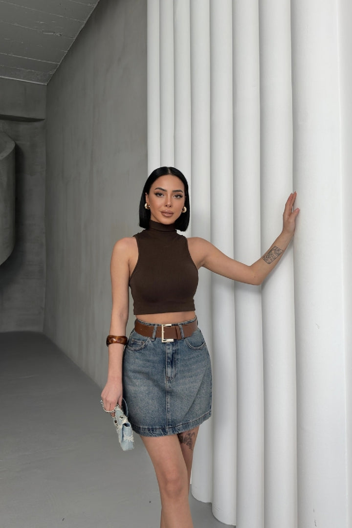XLJ Short Length Denim Skirt with Stitched Hem Mixed - Tlalixcoyan
