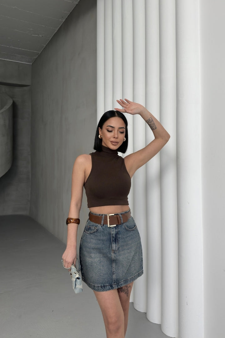 XLJ Short Length Denim Skirt with Stitched Hem Mixed - Tlalixcoyan