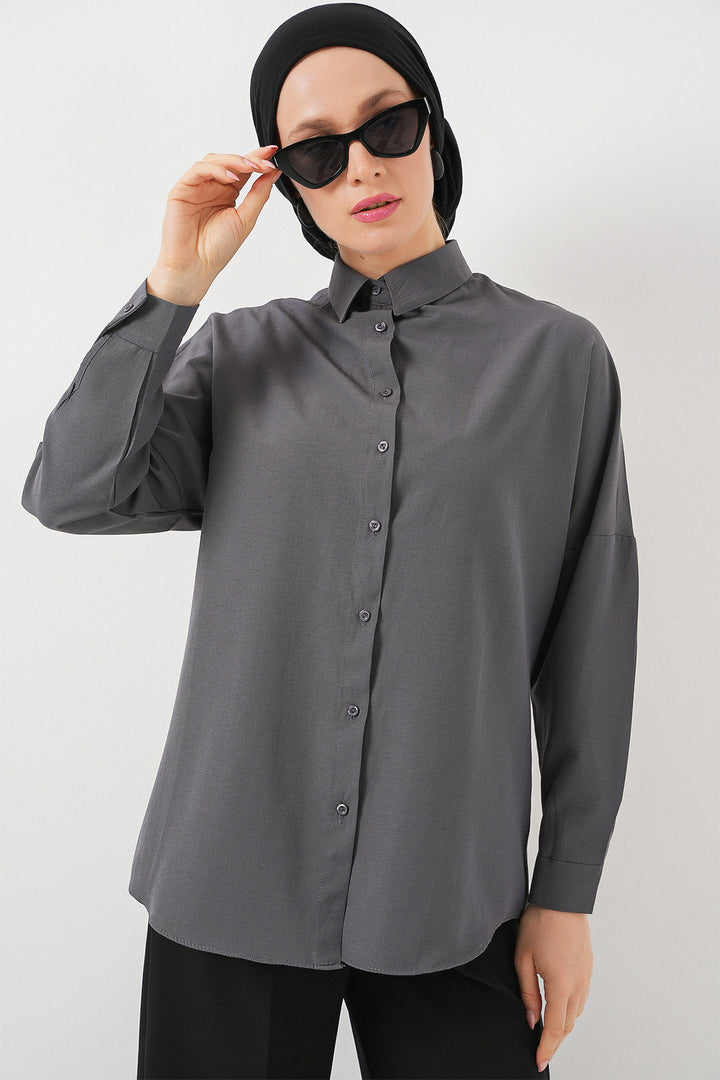 BGD Women Oversize Basic Hijab Shirt - Gray - Fishers