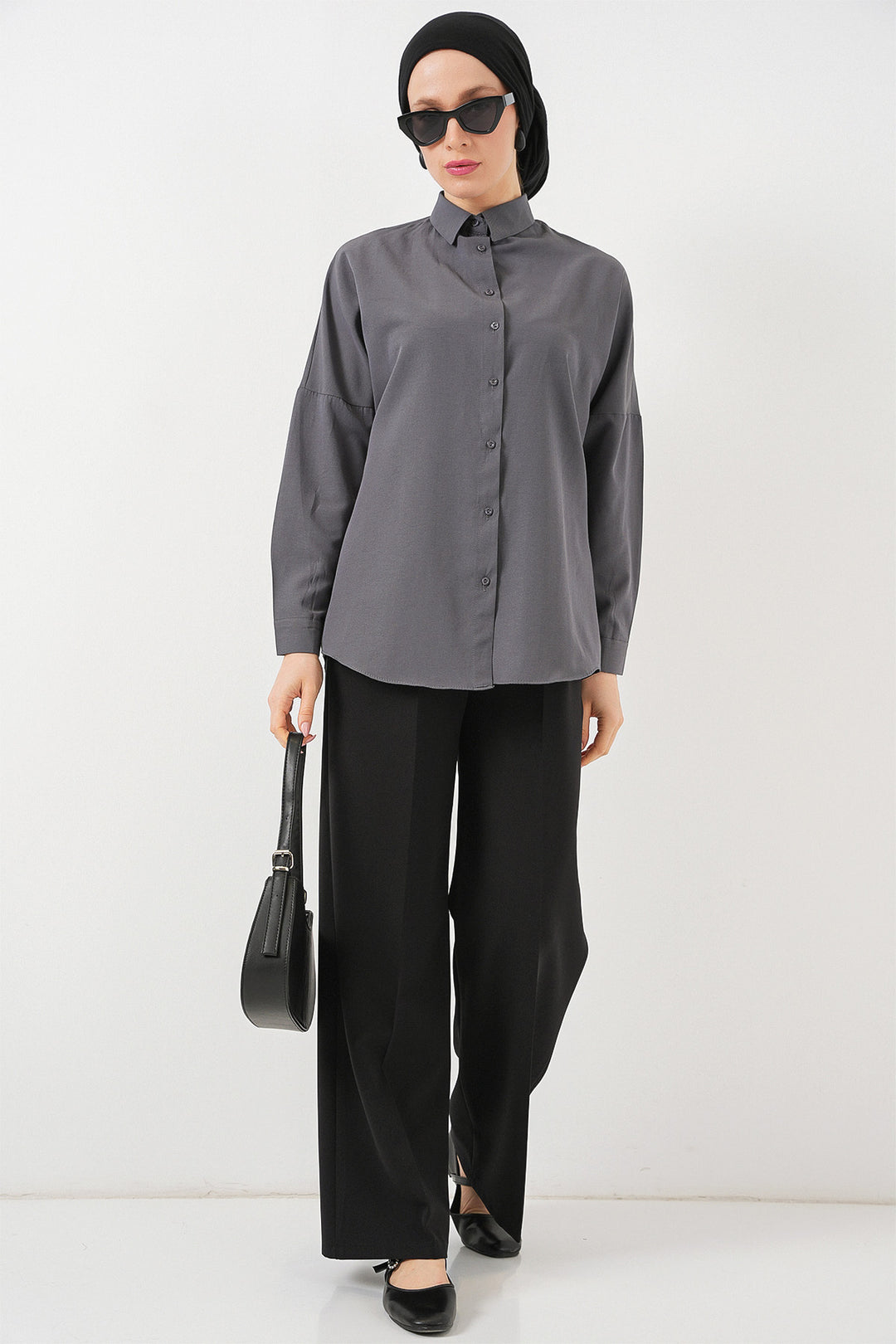BGD Women Oversize Basic Hijab Shirt - Gray - Fishers