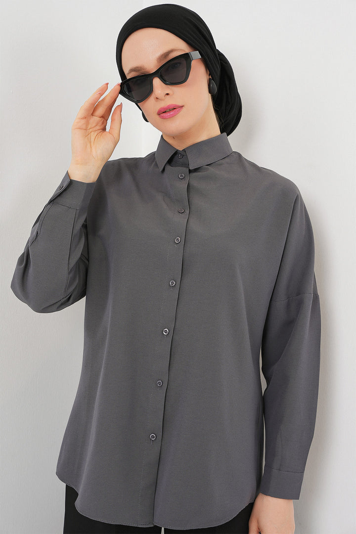 BGD Women Oversize Basic Hijab Shirt - Gray - Fishers