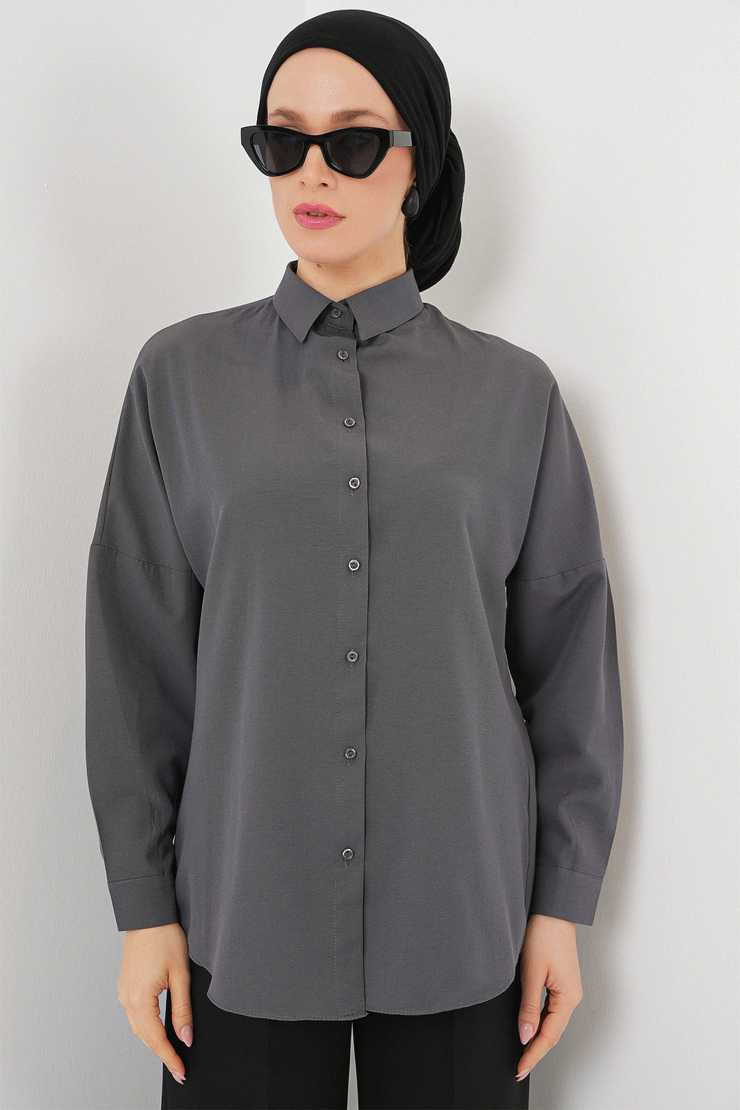 BGD Women Oversize Basic Hijab Shirt - Gray - Fishers
