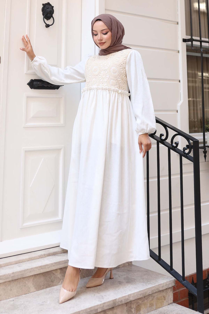 BNG Women Lace Detailed Linen Hijab Dress Stone Color 8787 - Camden