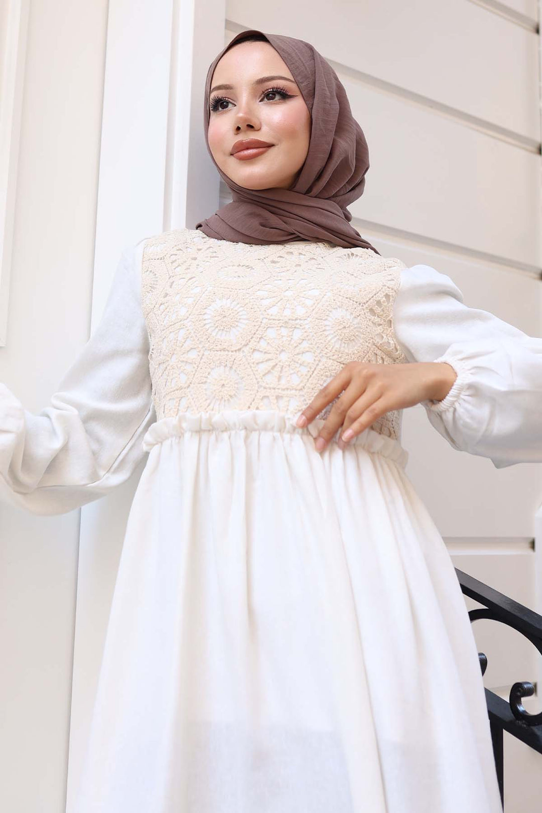 BNG Women Lace Detailed Linen Hijab Dress Stone Color 8787 - Wismar