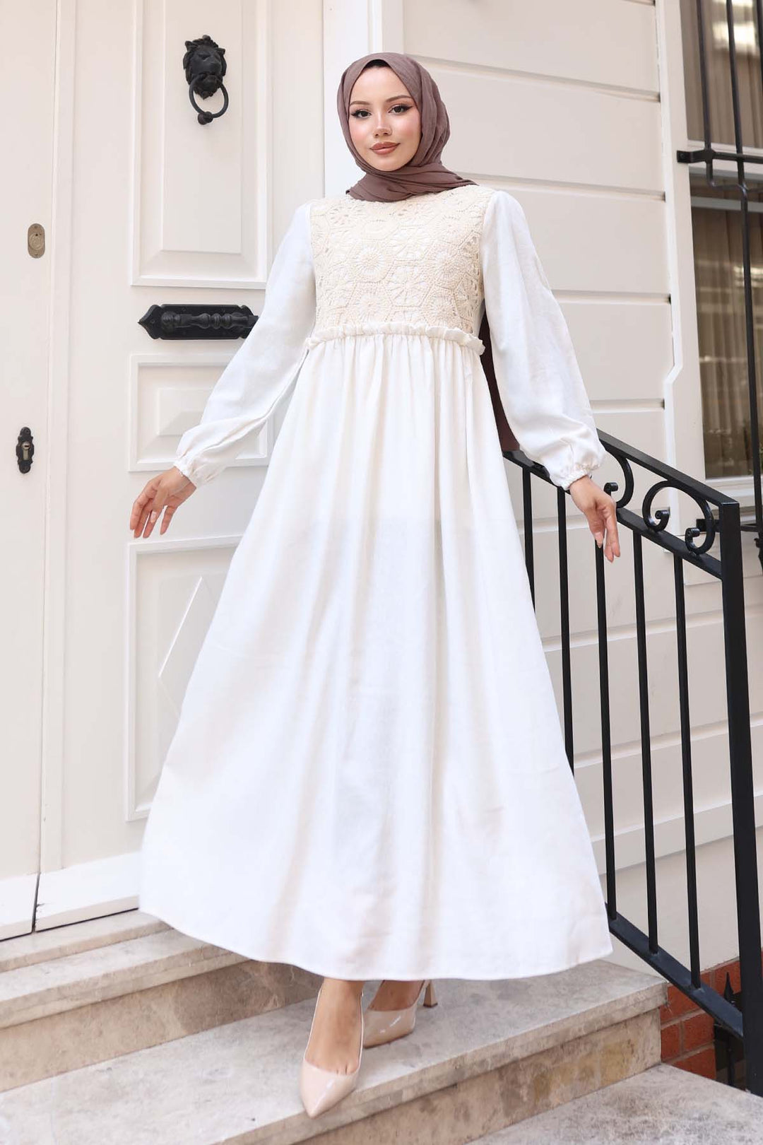 BNG Women Lace Detailed Linen Hijab Dress Stone Color 8787 - Wismar