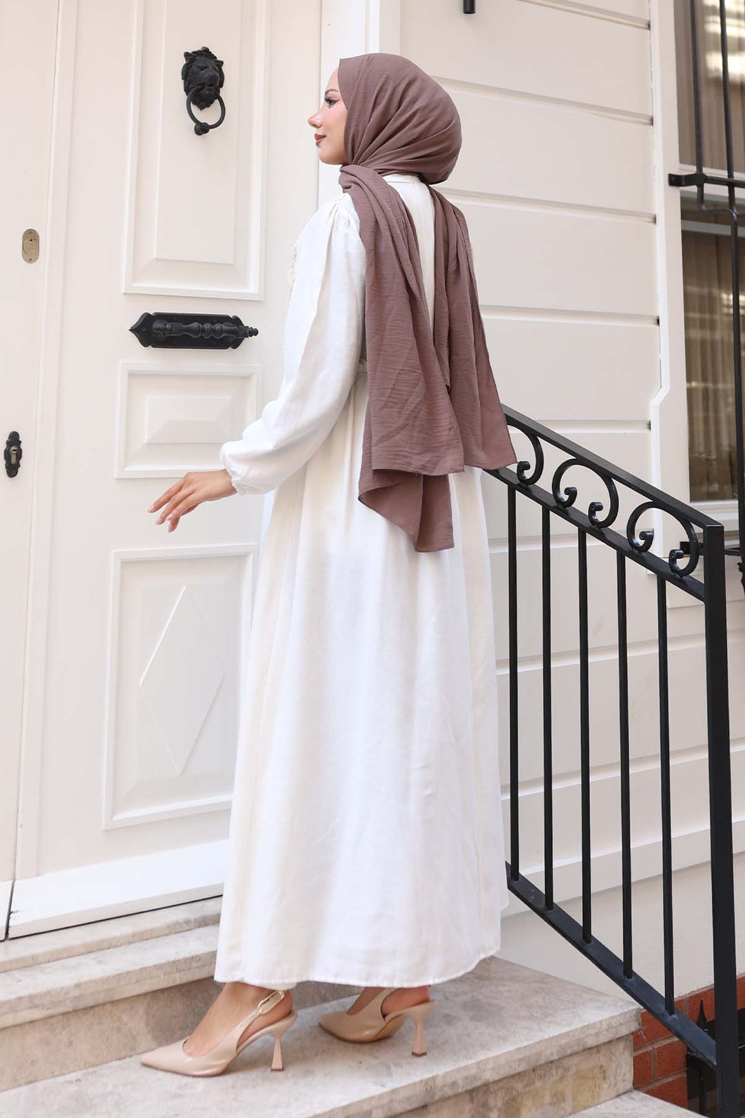 BNG Women Lace Detailed Linen Hijab Dress Stone Color 8787 - Wismar