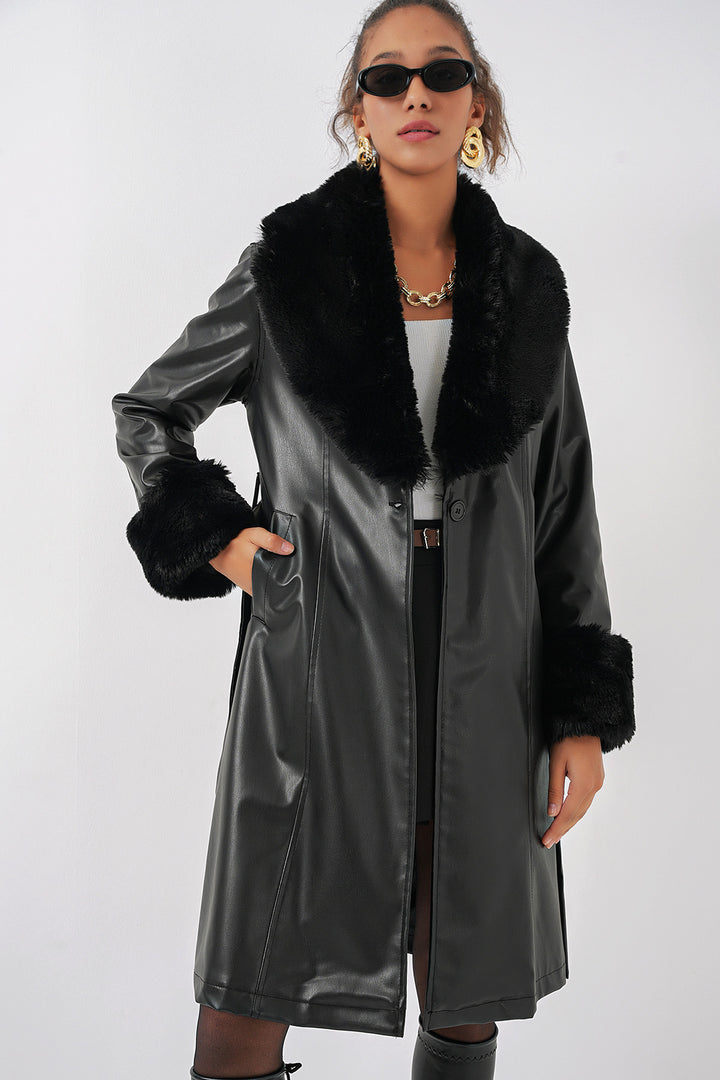 BGD Women Faux Fur Leather Coat - Black - Shrewsbury