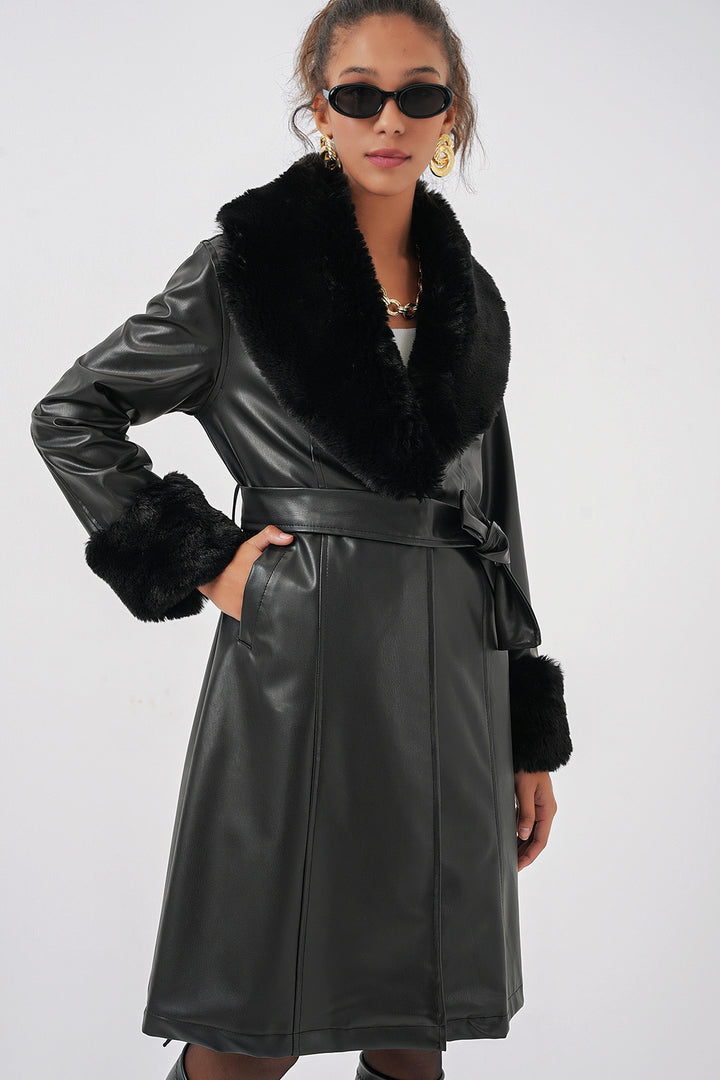 BGD Women Faux Fur Leather Coat - Black - Shrewsbury