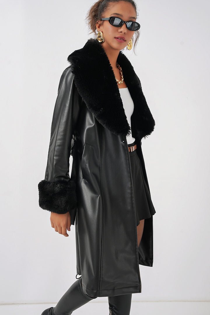 BGD Women Faux Fur Leather Coat - Black - Shrewsbury