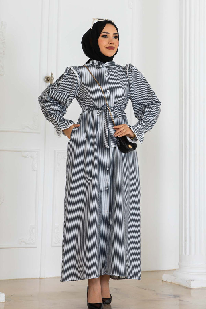 BNG Women Lace Detailed Striped Dress Gray 2141 - Trieste
