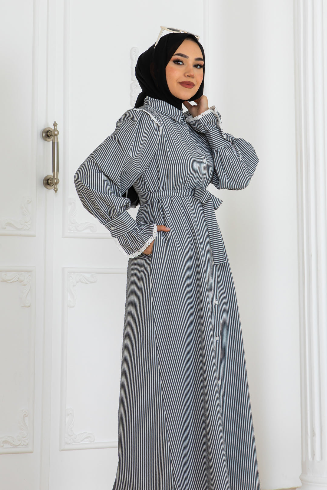 BNG Women Lace Detailed Striped Dress Gray 2141 - Trieste
