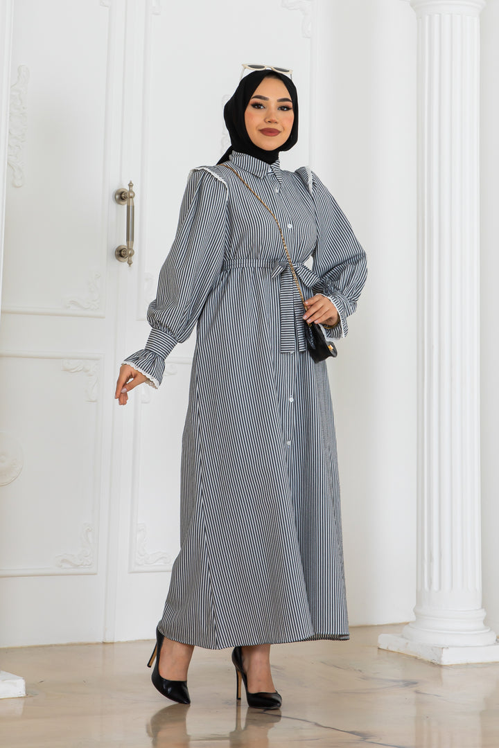 BNG Women Lace Detailed Striped Dress Gray 2141 - Trieste